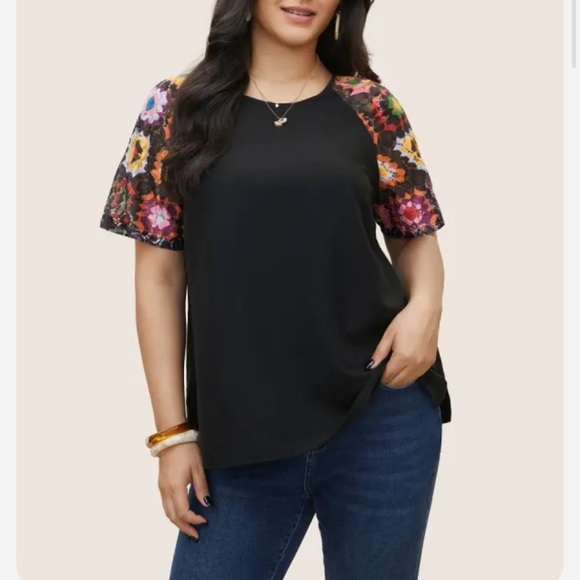 BloomChic Plus Size 3XL Boho Print Lace Panel Raglan Sleeve Blouse us22-24 - Picture 1 of 6